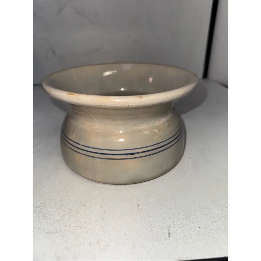 Spittoon Stoneware‎ Cuspidor Vintage Gray Blue Stripe Glazed Pottery Farmhouse